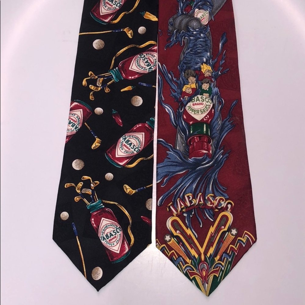Lot of 2 Men’s Silk Neck Ties - Tabasco Hot Pepper Sauce Golf & Log Flume Ride